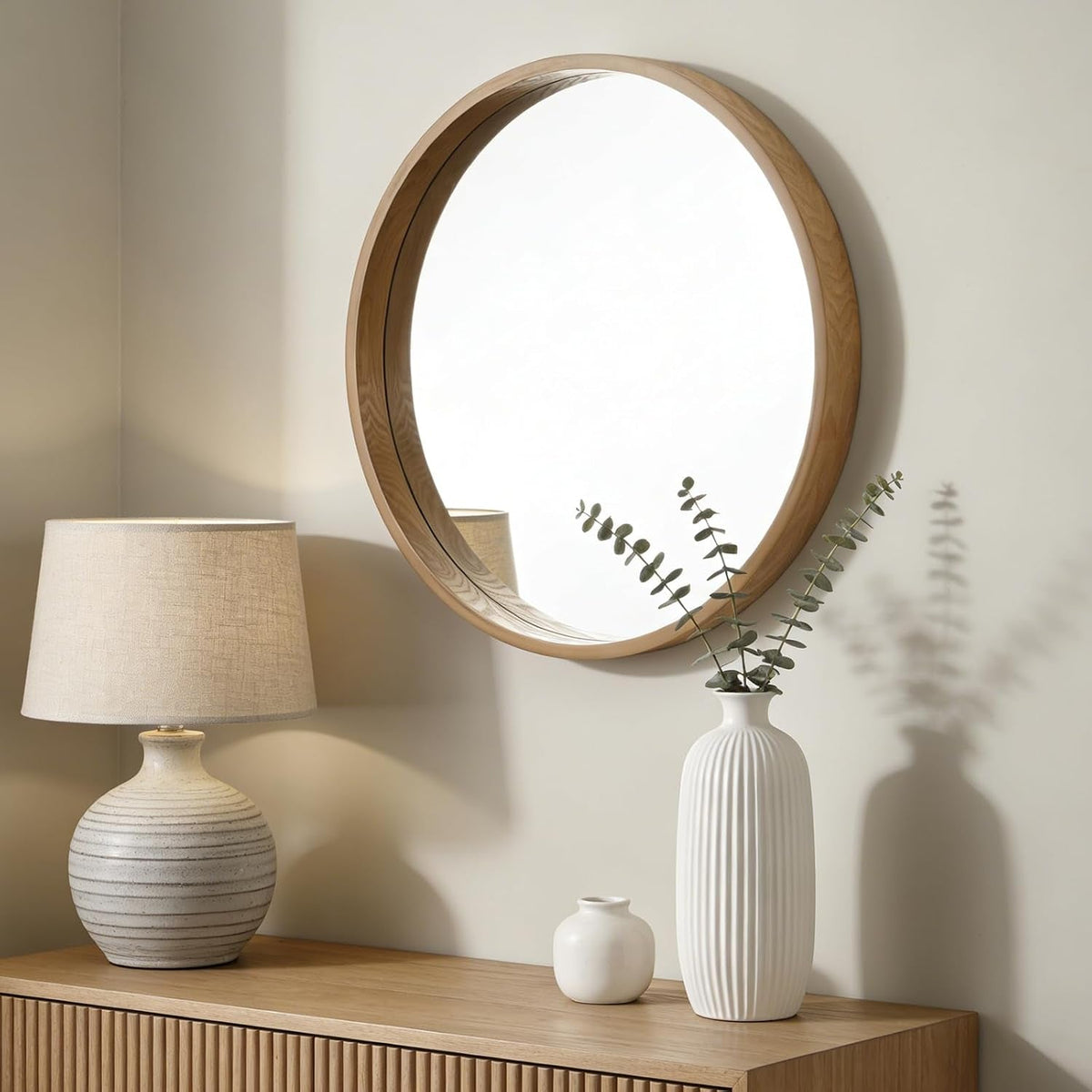 24Inch Natural Wooden Round Bathroom Wall Mirror