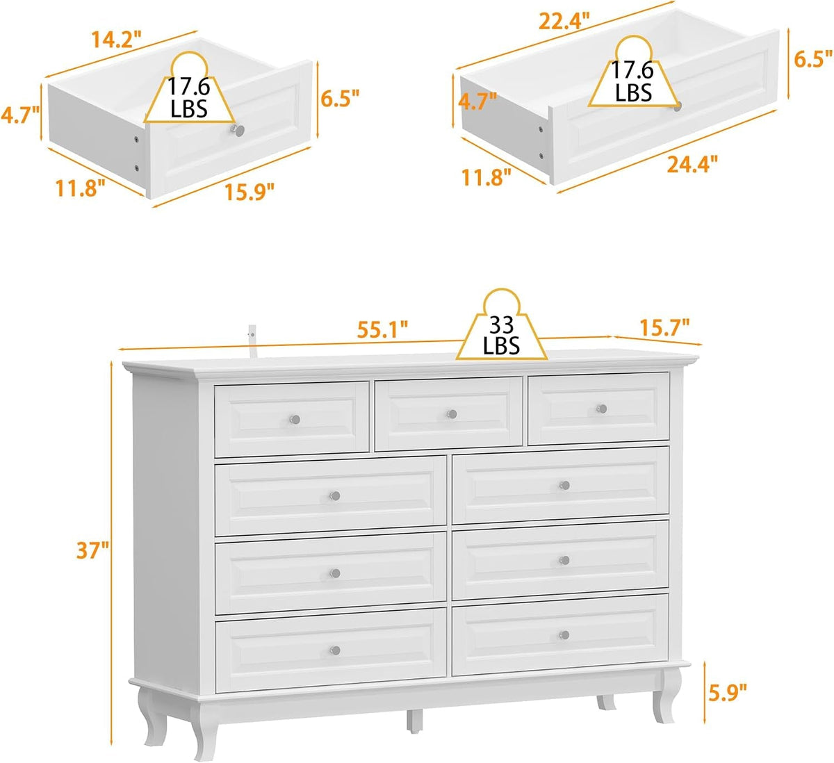 9 Drawer Dresser for Bedroom, White Dresser with Rubberwood Legs