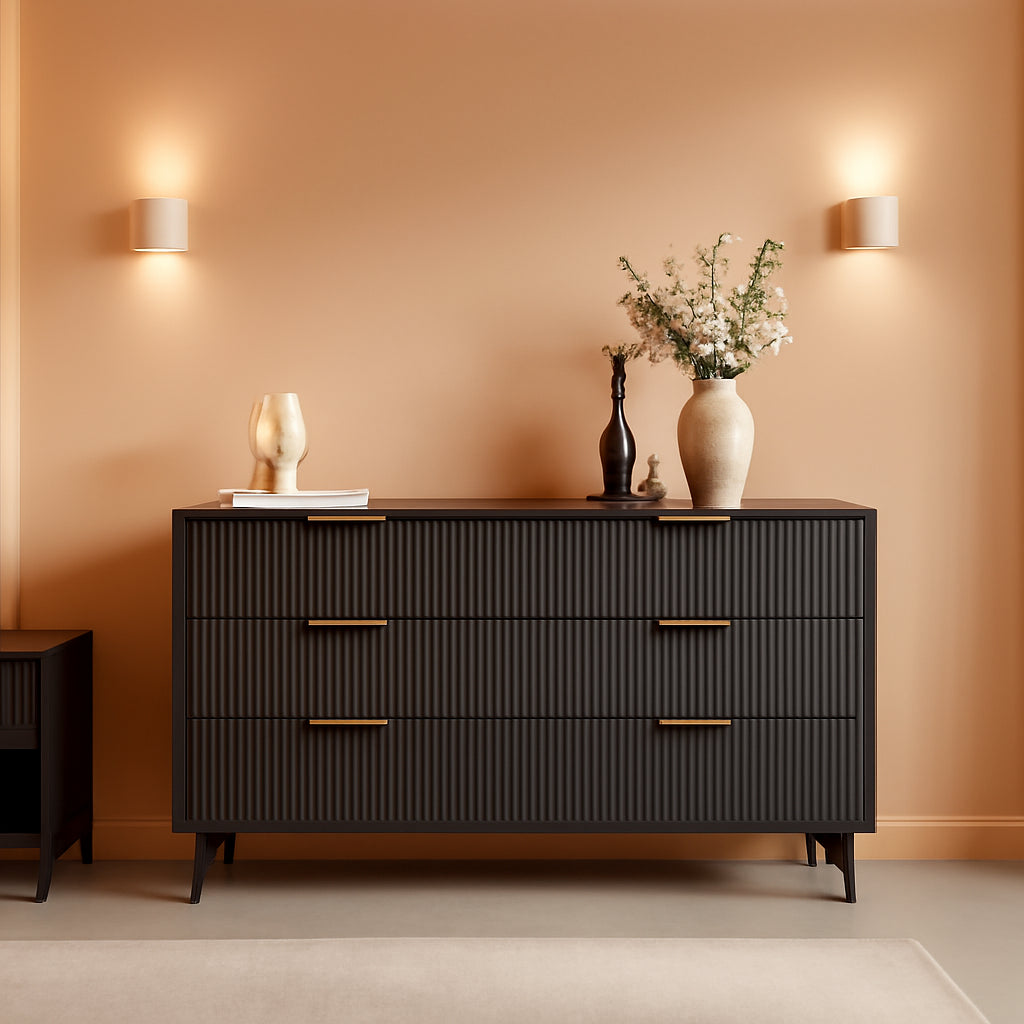 55InchWide Black Fluted Six Drawer Bedroom Dresser
