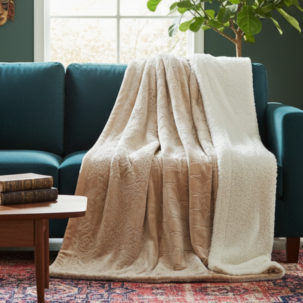 Tache Embossed Bubbly Champagne Beige Sherpa Throw Blanket (TA62088)