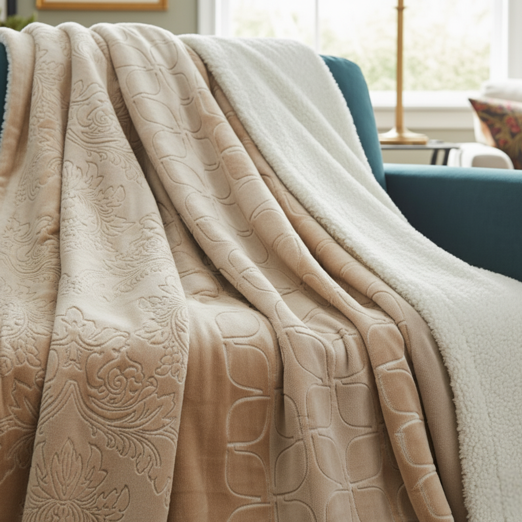 Tache Embossed Bubbly Champagne Beige Sherpa Throw Blanket (TA62088)