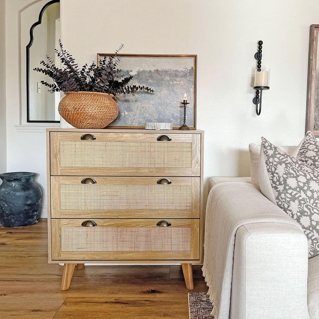 Natural Rattan Nightstand, 3 Drawer Dresser Bedside Table