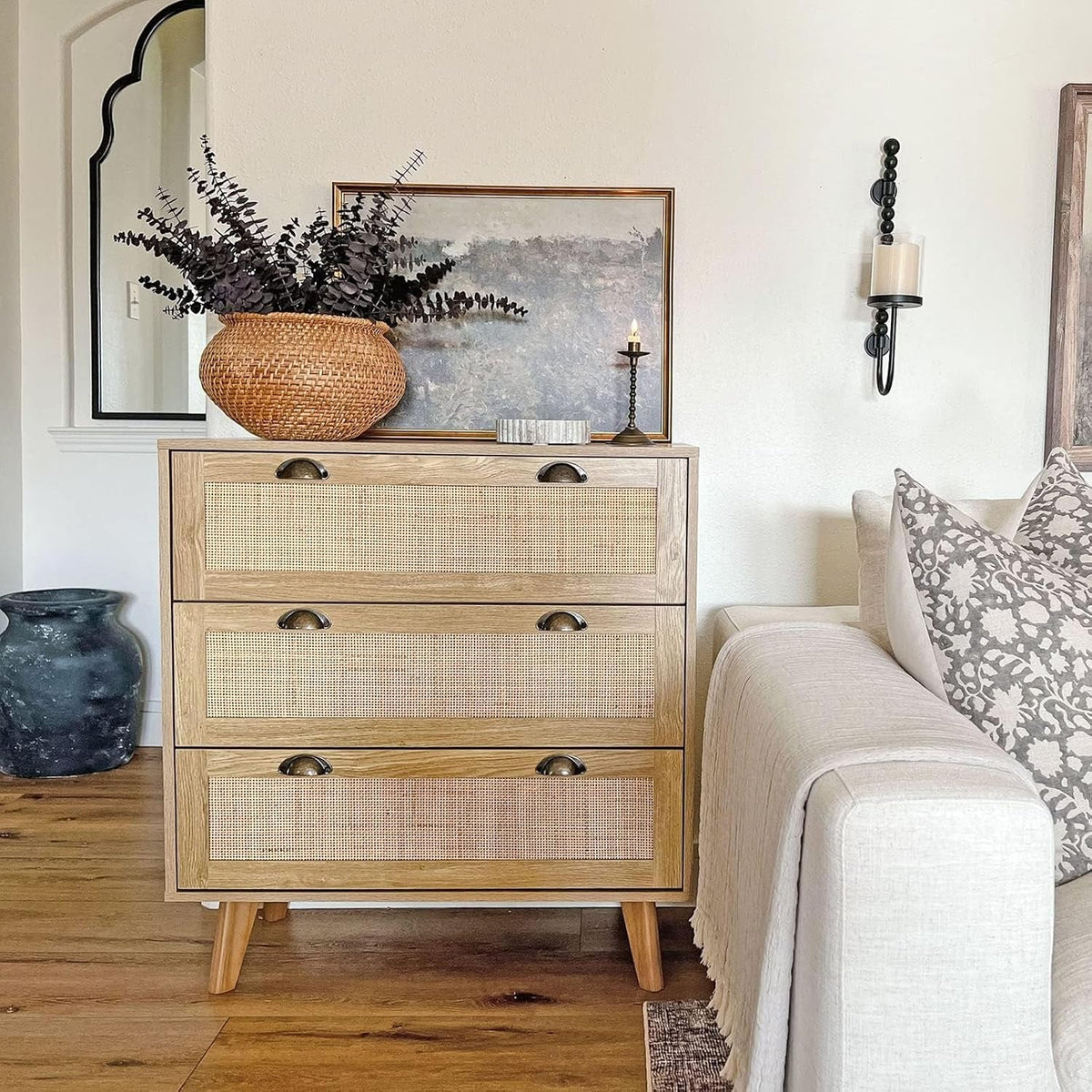 Natural Rattan Nightstand, 3 Drawer Dresser Bedside Table