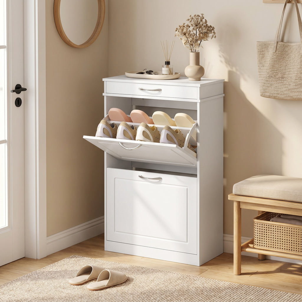 Meuble chaussure 8 paires, armoire à chaussures étroit avec tiroir et 2 portes abattants et étagère réglable, blanc