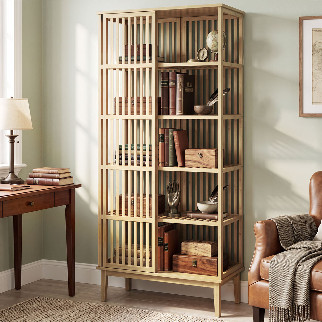 Armoire Chambre Penderie en Bambou 5 Niveaux avec Porte Coulissante, Design Aéré à Lattes, Bois Naturel