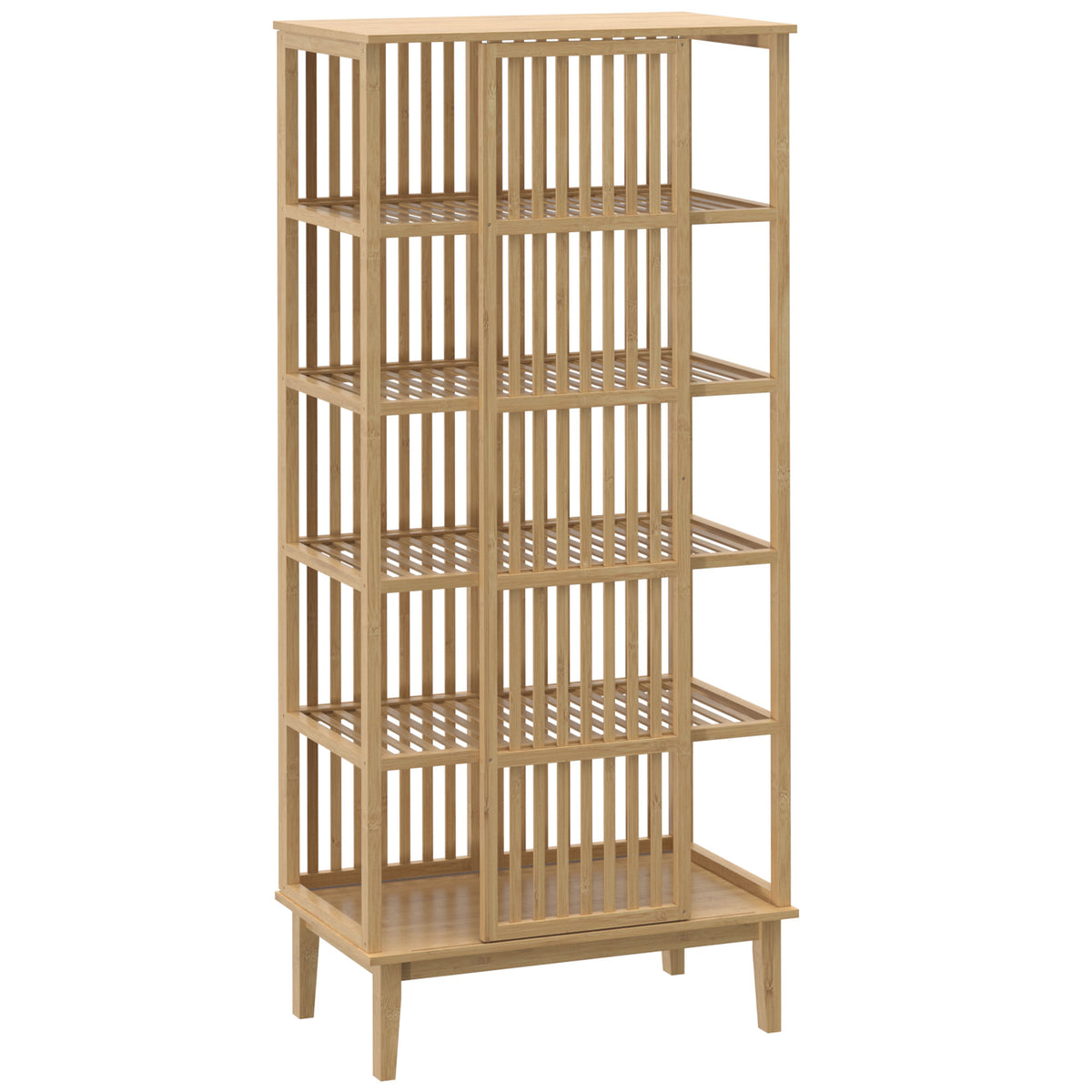 Armoire Chambre Penderie en Bambou 5 Niveaux avec Porte Coulissante, Design Aéré à Lattes, Bois Naturel