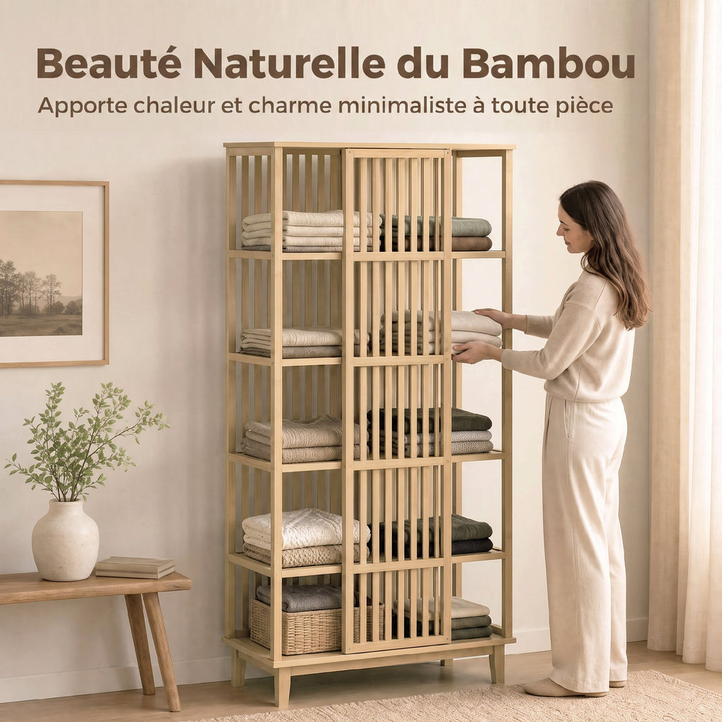 Armoire Chambre Penderie en Bambou 5 Niveaux avec Porte Coulissante, Design Aéré à Lattes, Bois Naturel