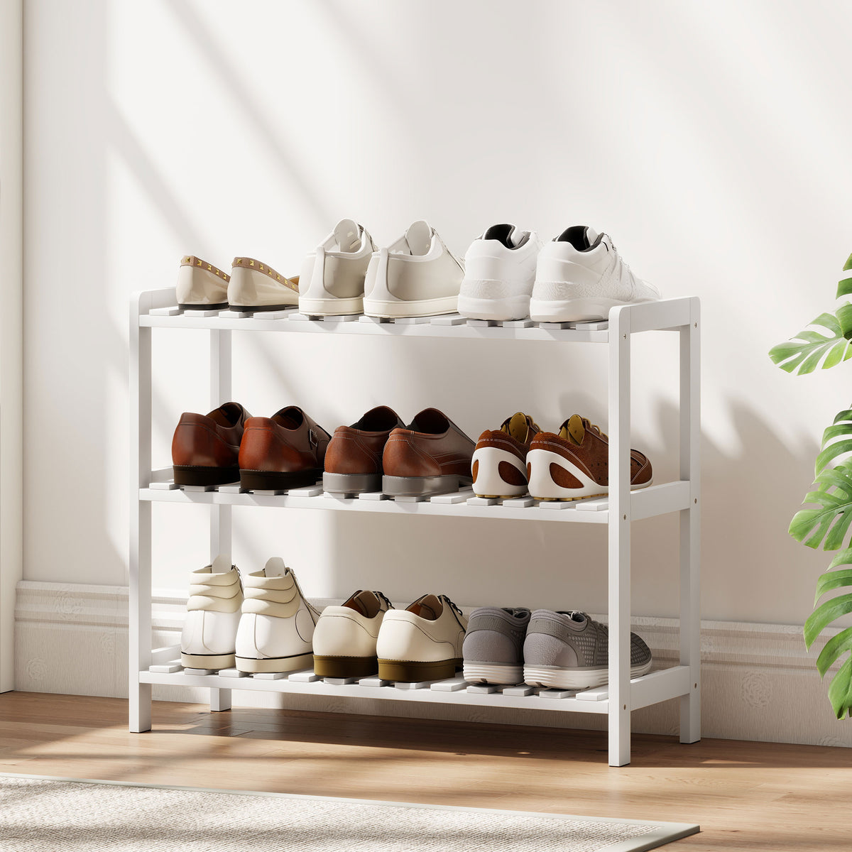 Étagère à chaussures, porte-chaussures 3 niveaux, étagères à lattes, en bois de pin， 70 x 26 x 57,5 cm, blanc