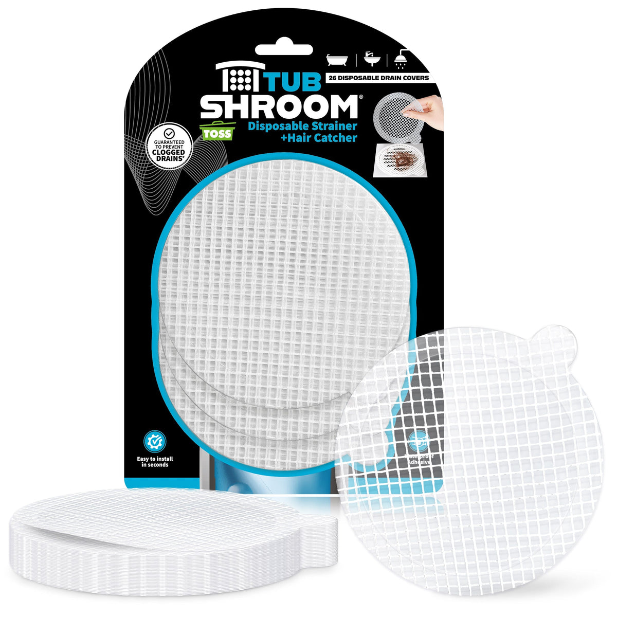 TubShroom Toss 26pk Disposable Drain Covers - Hair Catcher Mesh Sticker Strainers for Shower Bathtub and Bathroom Sink Drains
