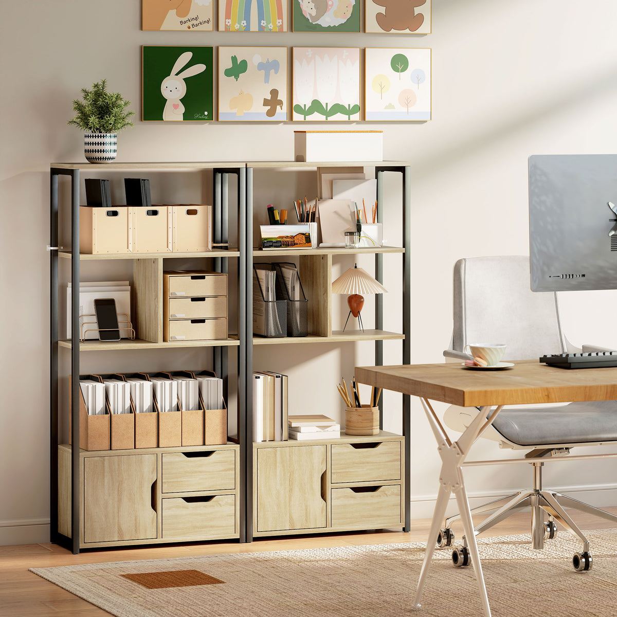 Bibliothèque style industriel 3 étagères placard porte 2 tiroirs 58 x 24 x 122 cm effet bois naturel acier noir