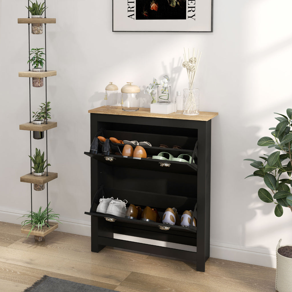 Armoire à chaussures 2 portes abattantes 2 compartiments poignées coquilles métal 79 x 23 x 90,5 cm noir chêne
