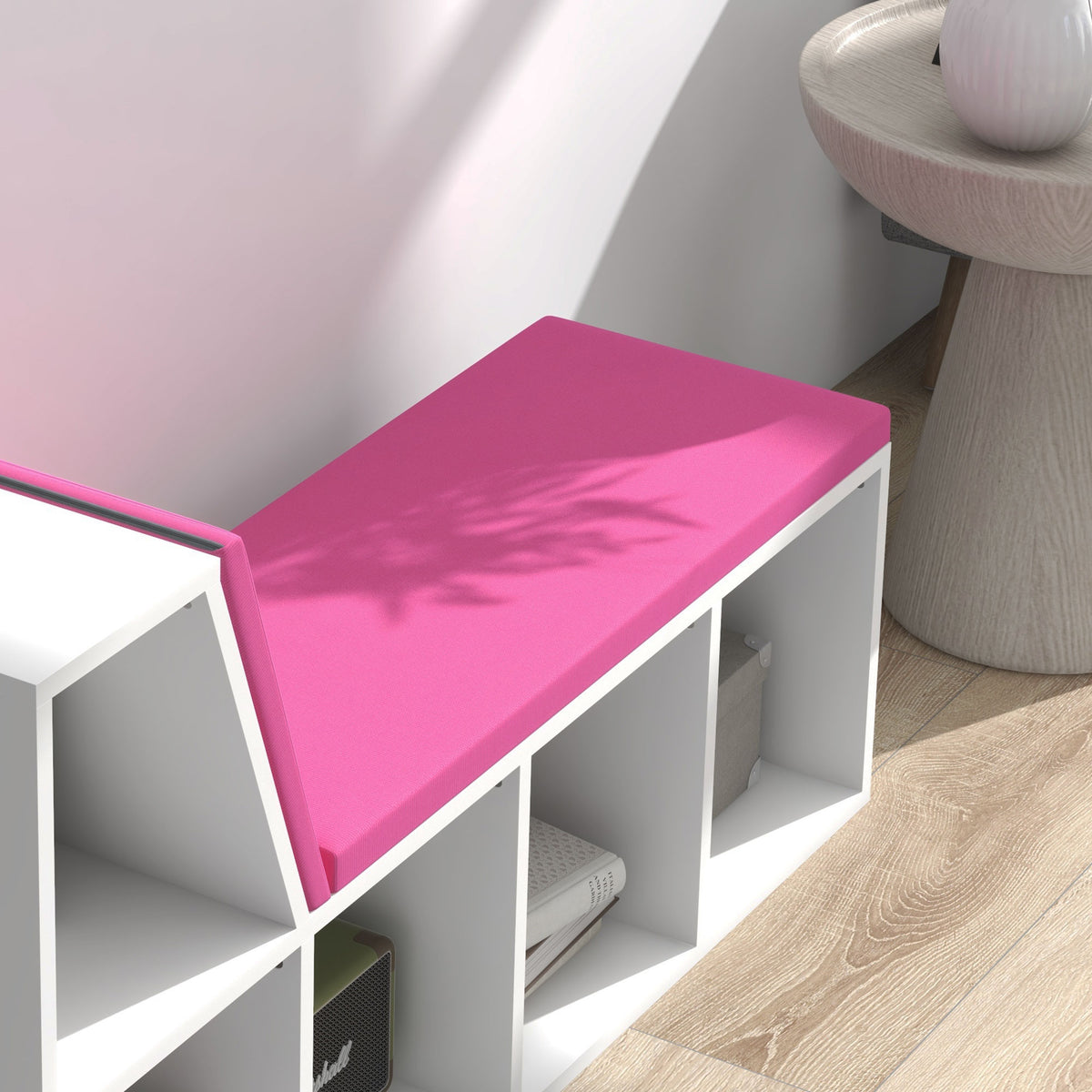 Bibliothèque banc 2 en 1 avec 5 compartiments de rangement et 2 coussins 108 x 30 x 60 cm blanc rose