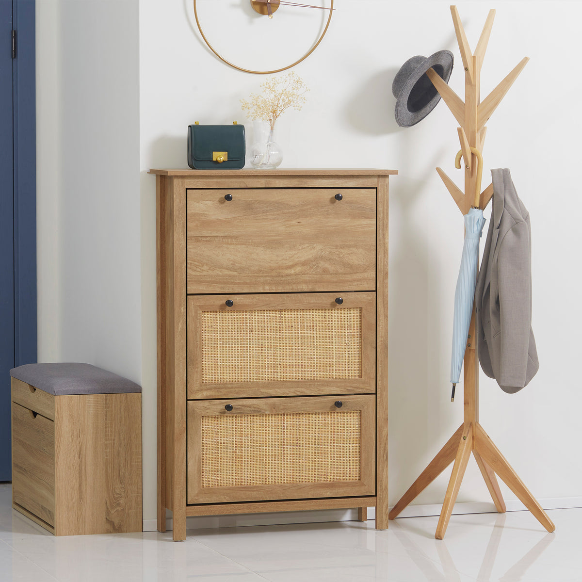 Meuble à chaussures étagère à chaussures armoire 3 portes abattants effet cannage rotin - en bois bois naturel