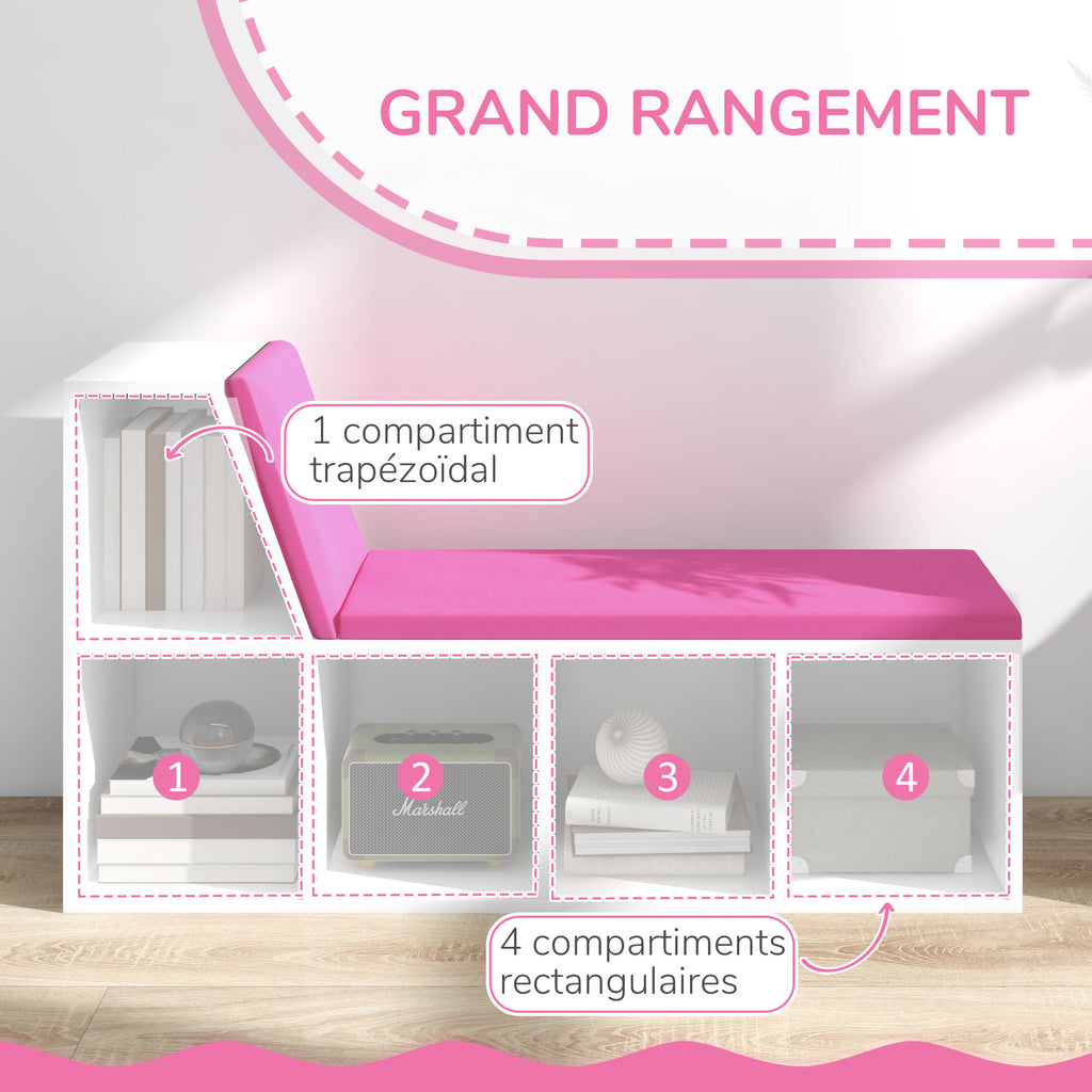 Bibliothèque banc 2 en 1 avec 5 compartiments de rangement et 2 coussins 108 x 30 x 60 cm blanc rose