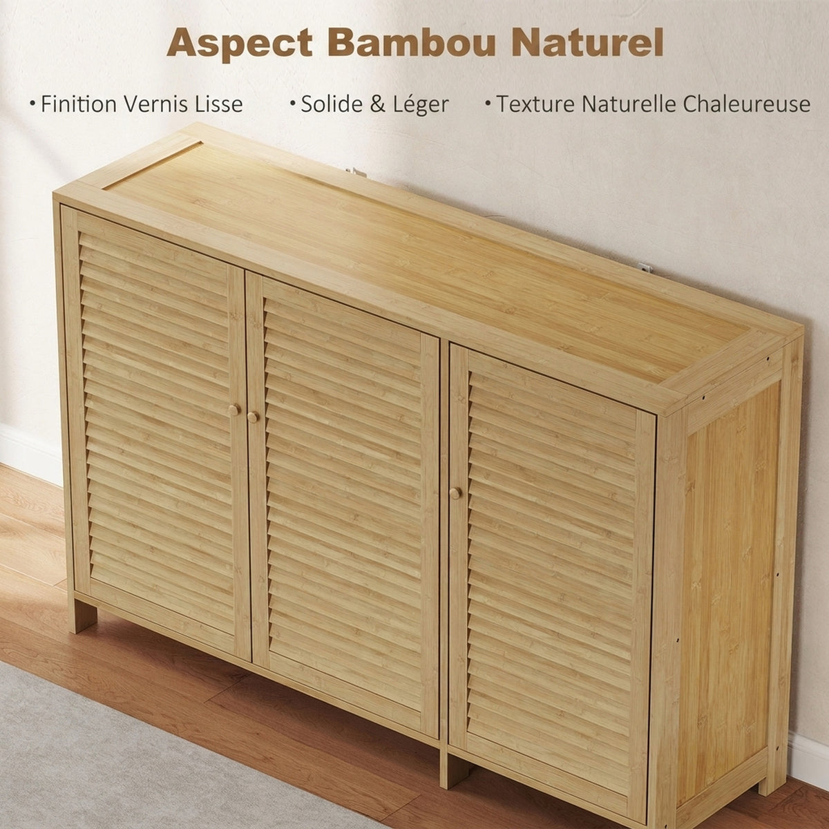 Meuble à chaussures en bambou 18 paires, armoire à chaussures avec portes persiennes et étagères réglables, bois naturel