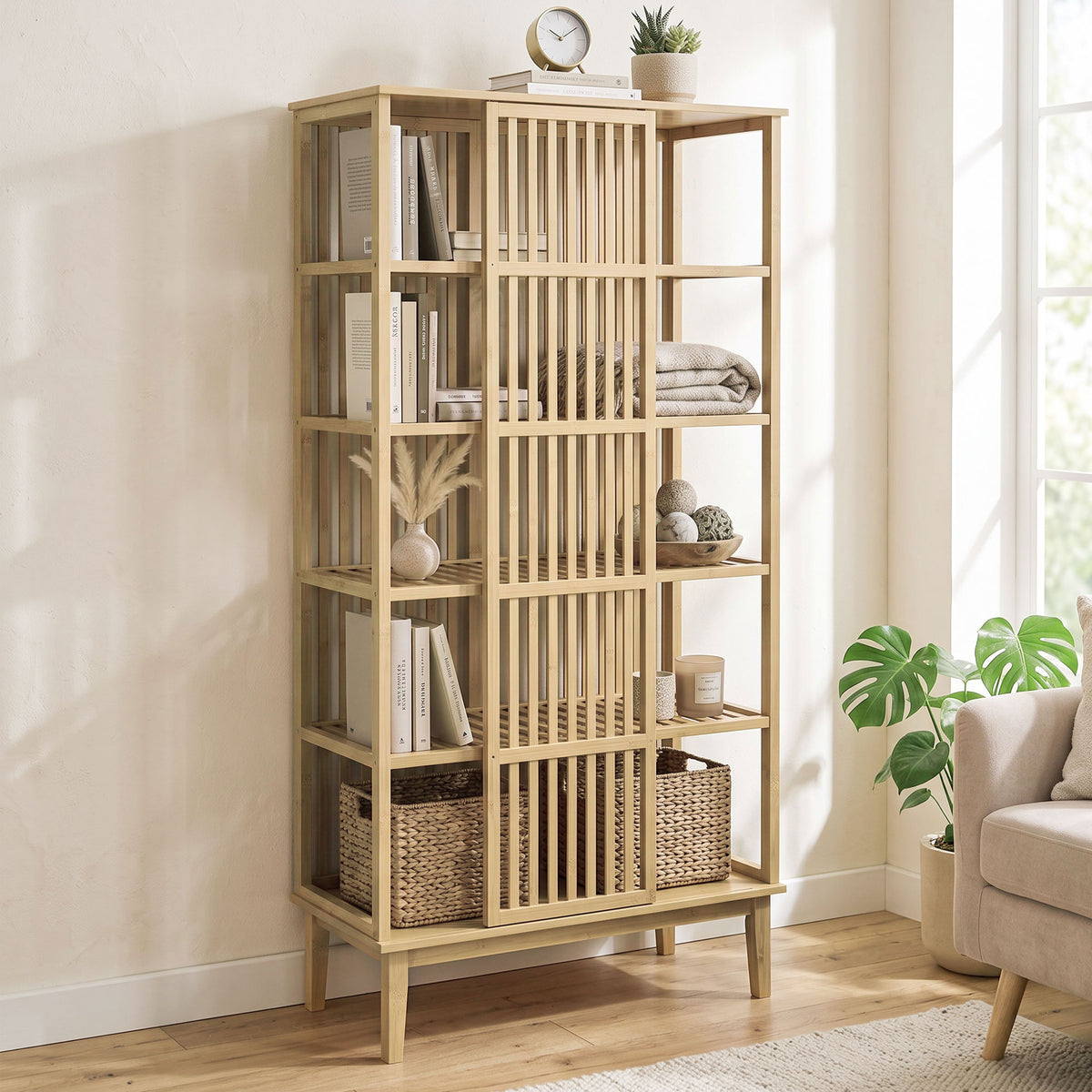 Armoire Chambre Penderie en Bambou 5 Niveaux avec Porte Coulissante, Design Aéré à Lattes, Bois Naturel
