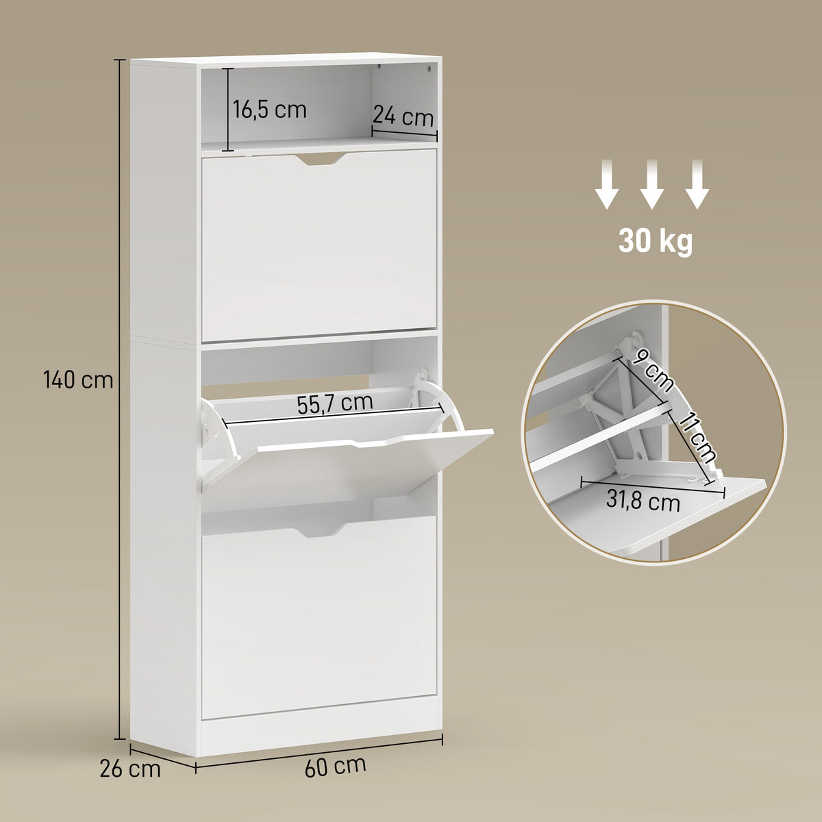 Meuble à chaussures 18 paires, armoire à chaussures étroite, 3 tiroirs rabattables, étagères réglables, blanc