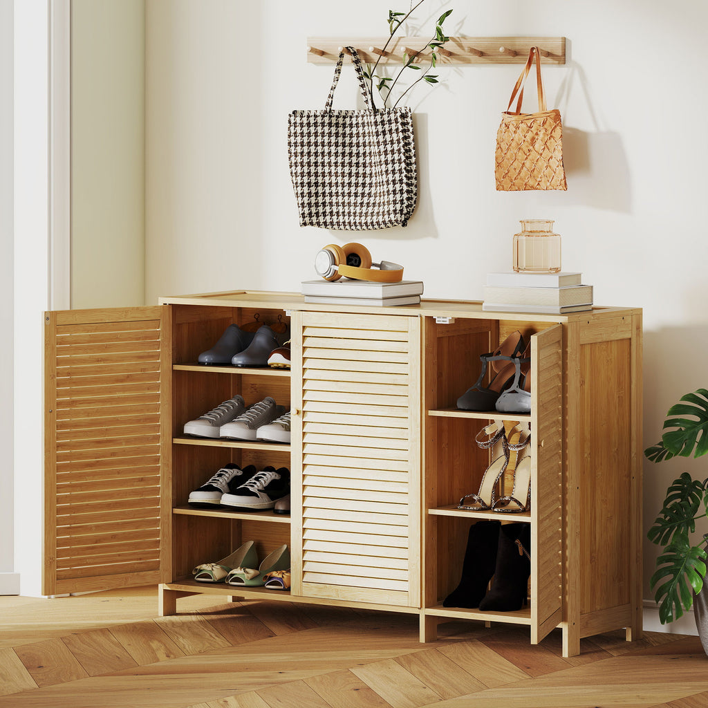 Meuble à chaussures en bambou 18 paires, armoire à chaussures avec portes persiennes et étagères réglables, bois naturel