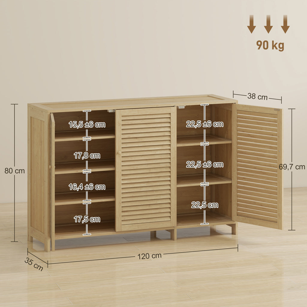 Meuble à chaussures en bambou 18 paires, armoire à chaussures avec portes persiennes et étagères réglables, bois naturel
