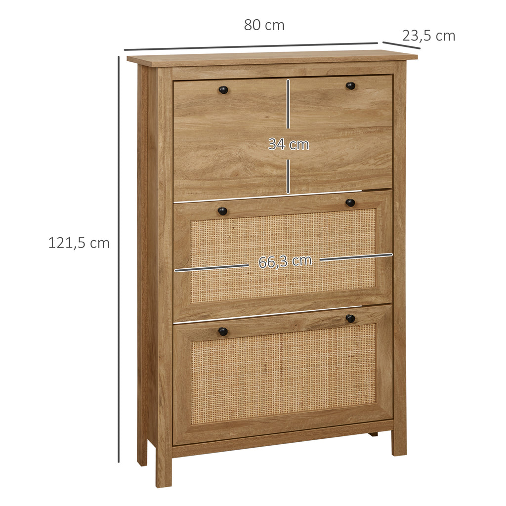 Meuble à chaussures étagère à chaussures armoire 3 portes abattants effet cannage rotin - en bois bois naturel
