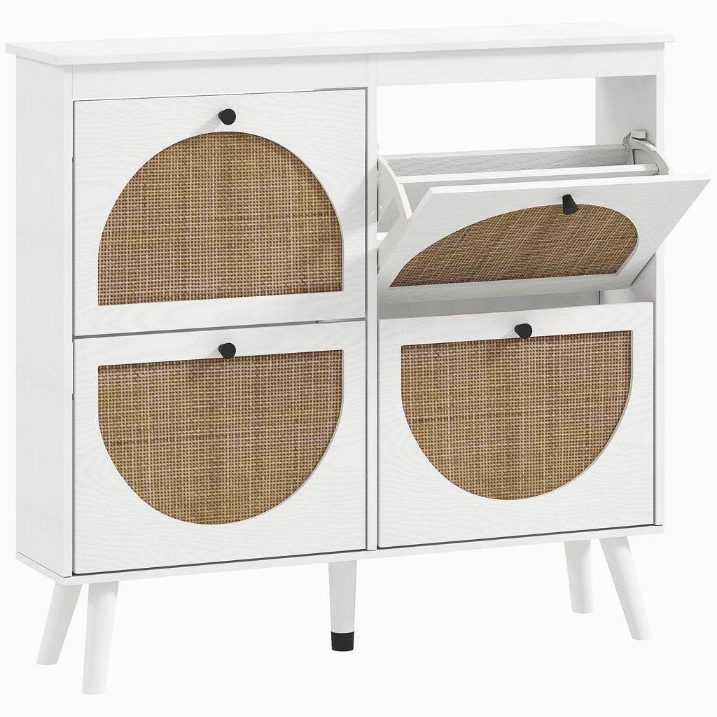 Meuble à chaussures 4 abattants 20 paires étagère réglable style bohème pieds en bois massif 105 x 24 x 97,5 cm blanc