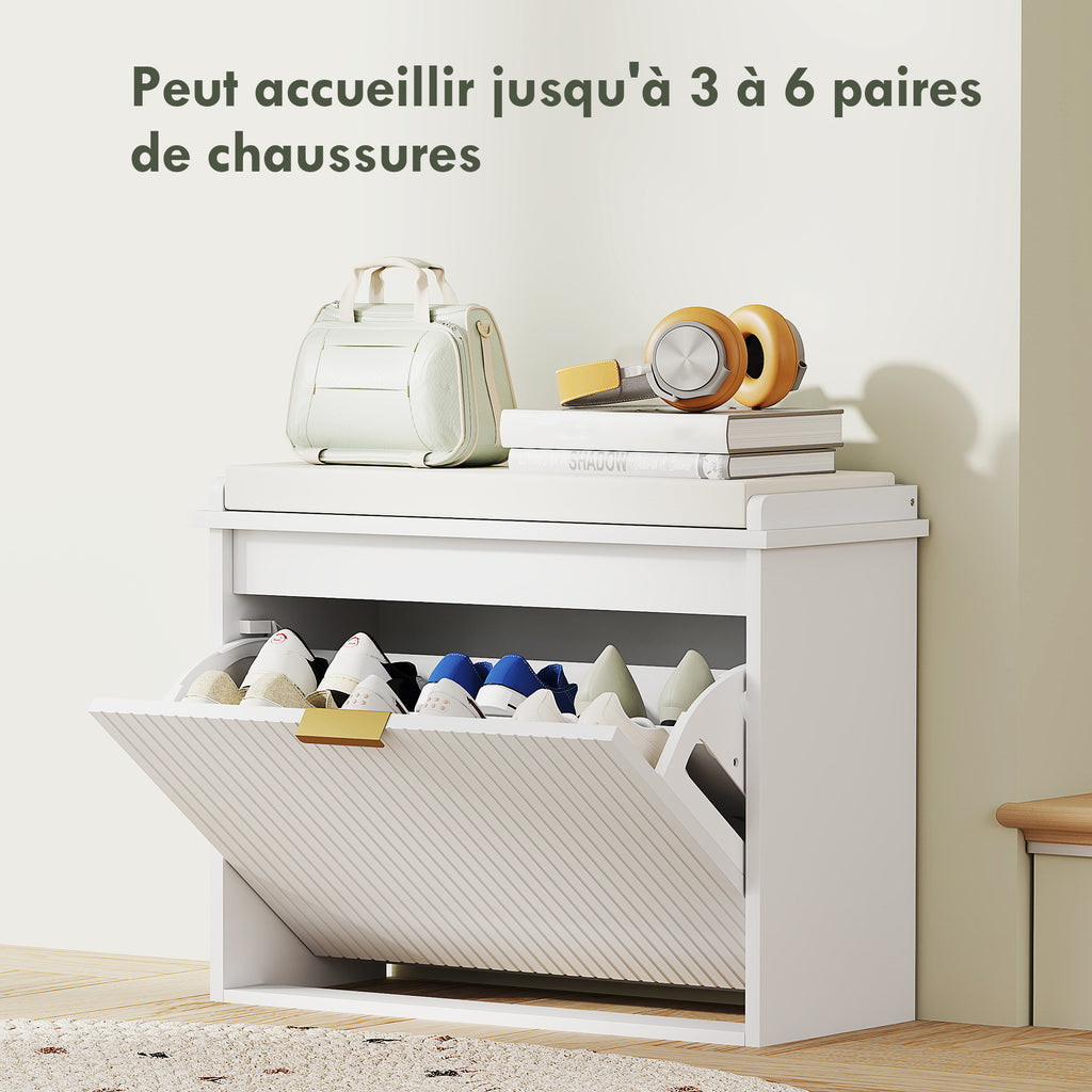 Banc à chaussures avec coussin d'assise rembourré et tiroir rabattable pour couloir, chambre, 62 x 26 x 47,5 cm, blanc