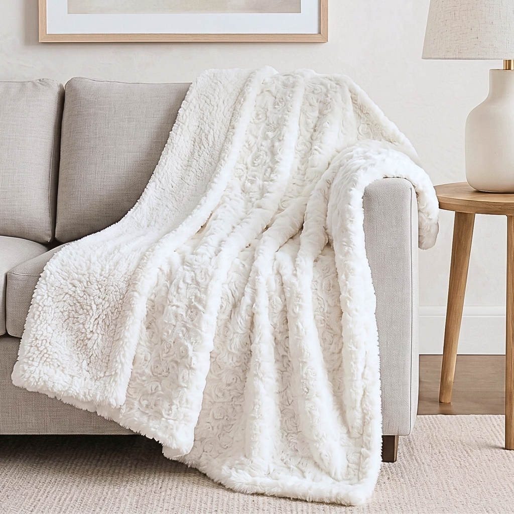 DaDa Bedding Luxury White Roses Fluffy Soft Sherpa Backside Faux Fur Throw Blanket (K11)