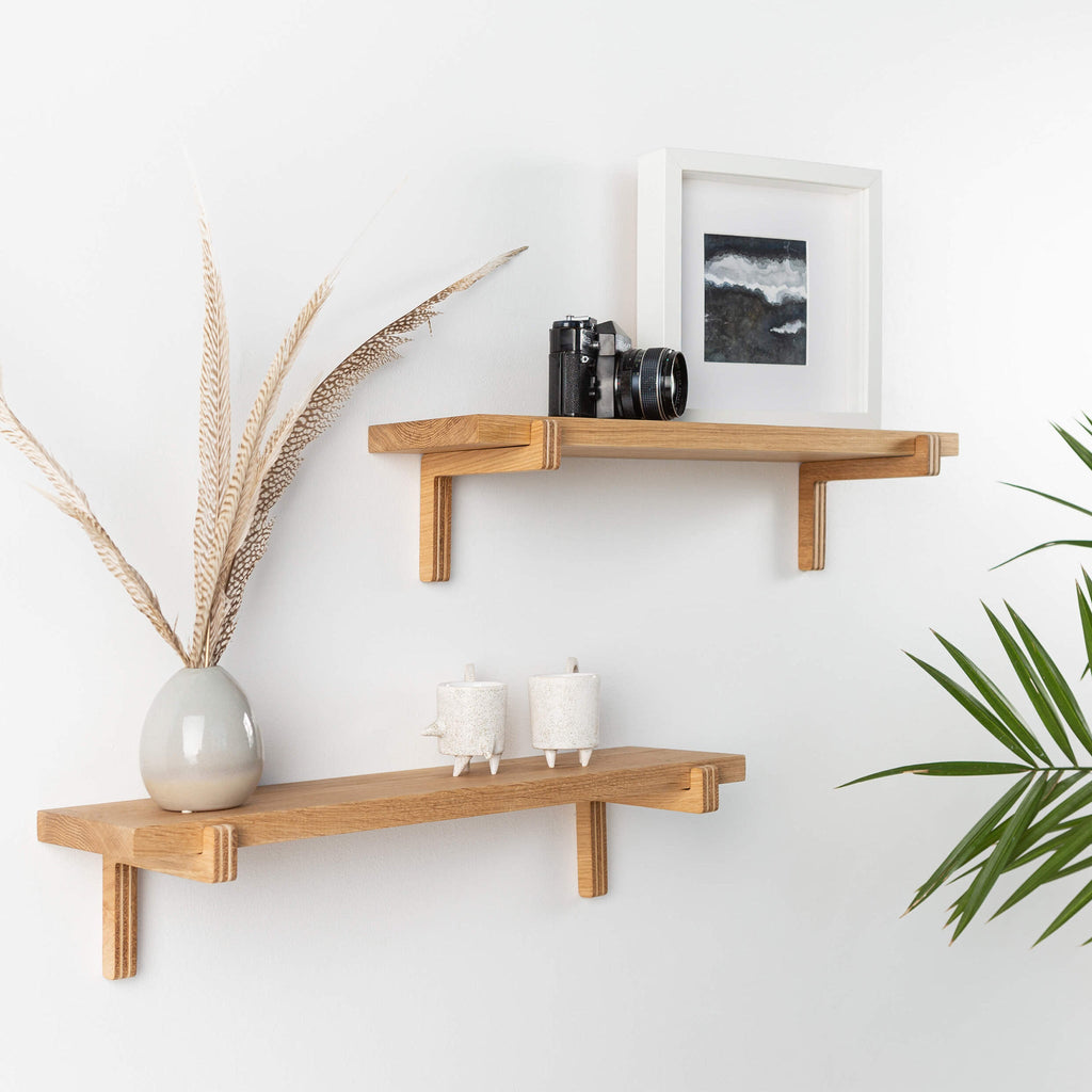 2 Floating Wooden Wall Shelves – Oak Shelves with Holders for Home & Office