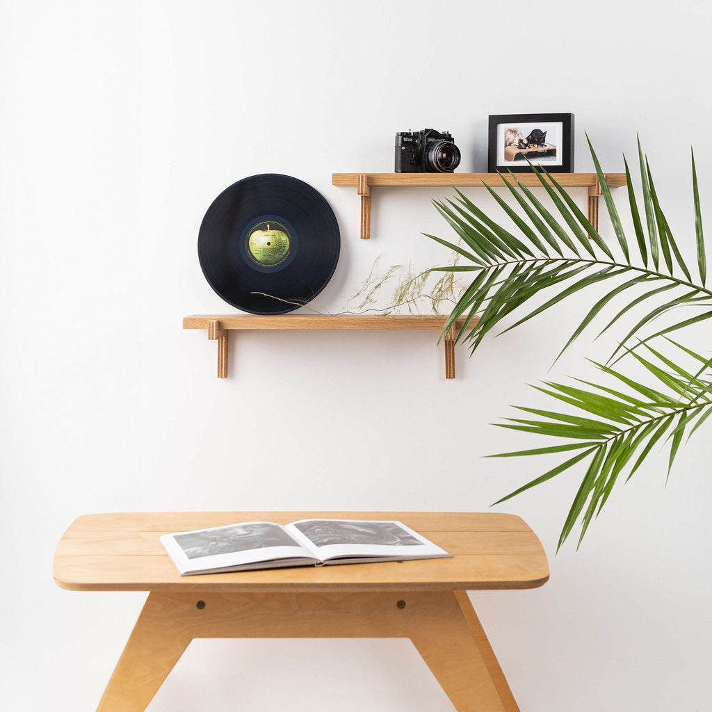 2 Floating Wooden Wall Shelves – Oak Shelves with Holders for Home & Office