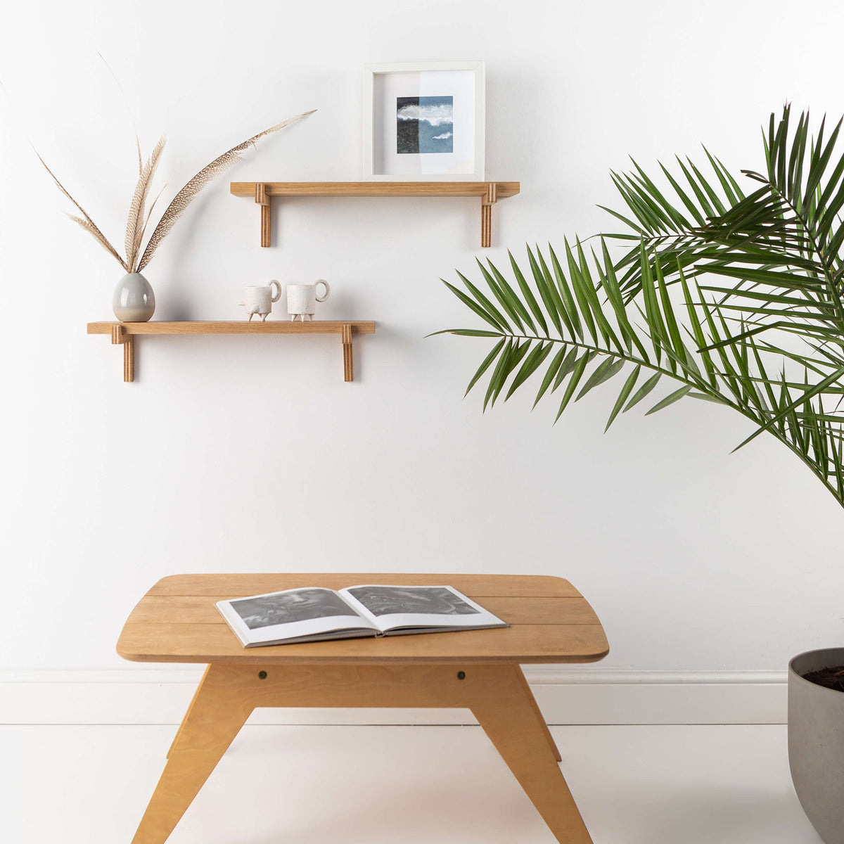 2 Floating Wooden Wall Shelves – Oak Shelves with Holders for Home & Office