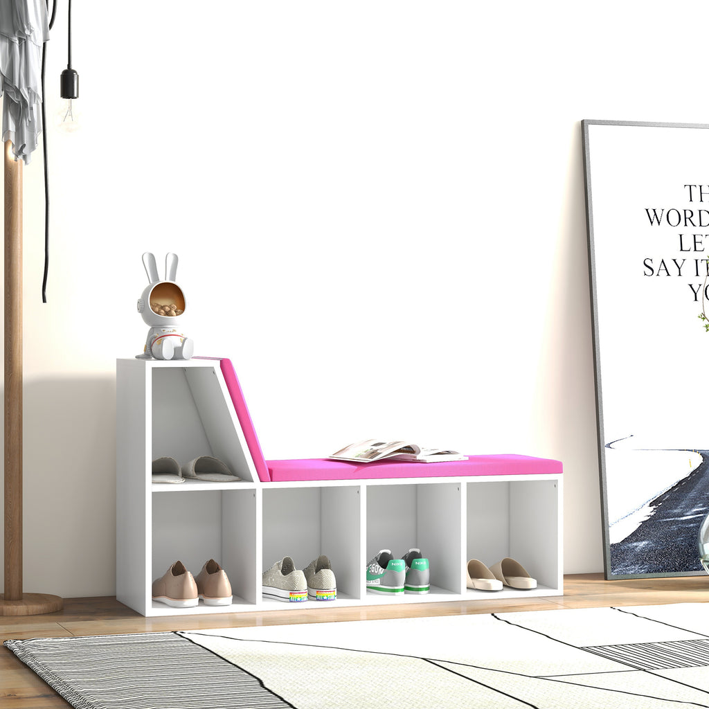 Bibliothèque banc 2 en 1 avec 5 compartiments de rangement et 2 coussins 108 x 30 x 60 cm blanc rose