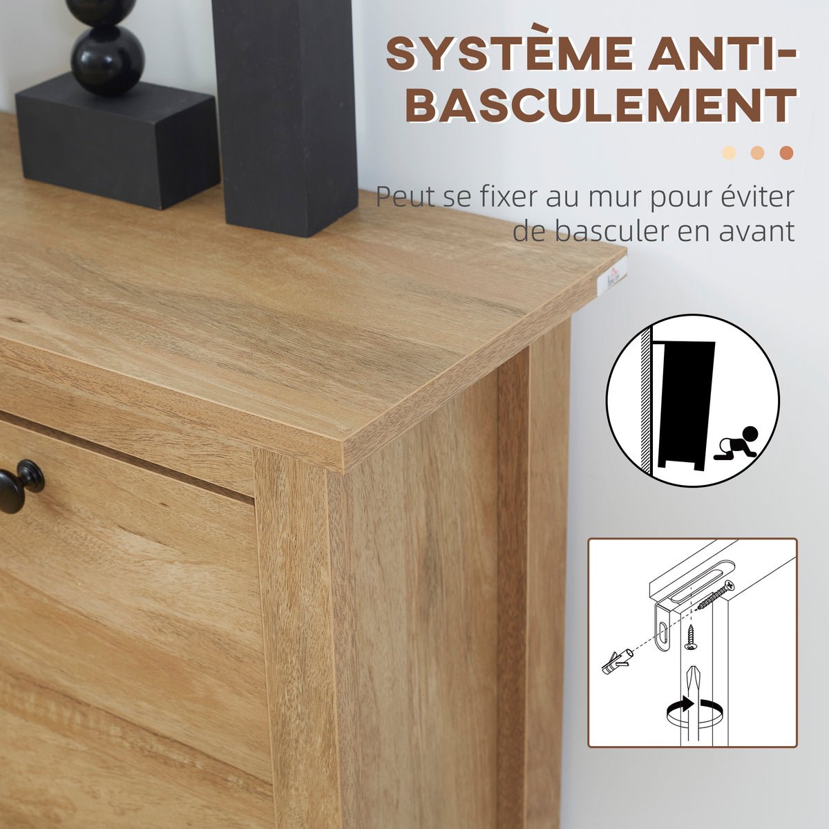 Meuble à chaussures étagère à chaussures armoire 3 portes abattants effet cannage rotin - en bois bois naturel