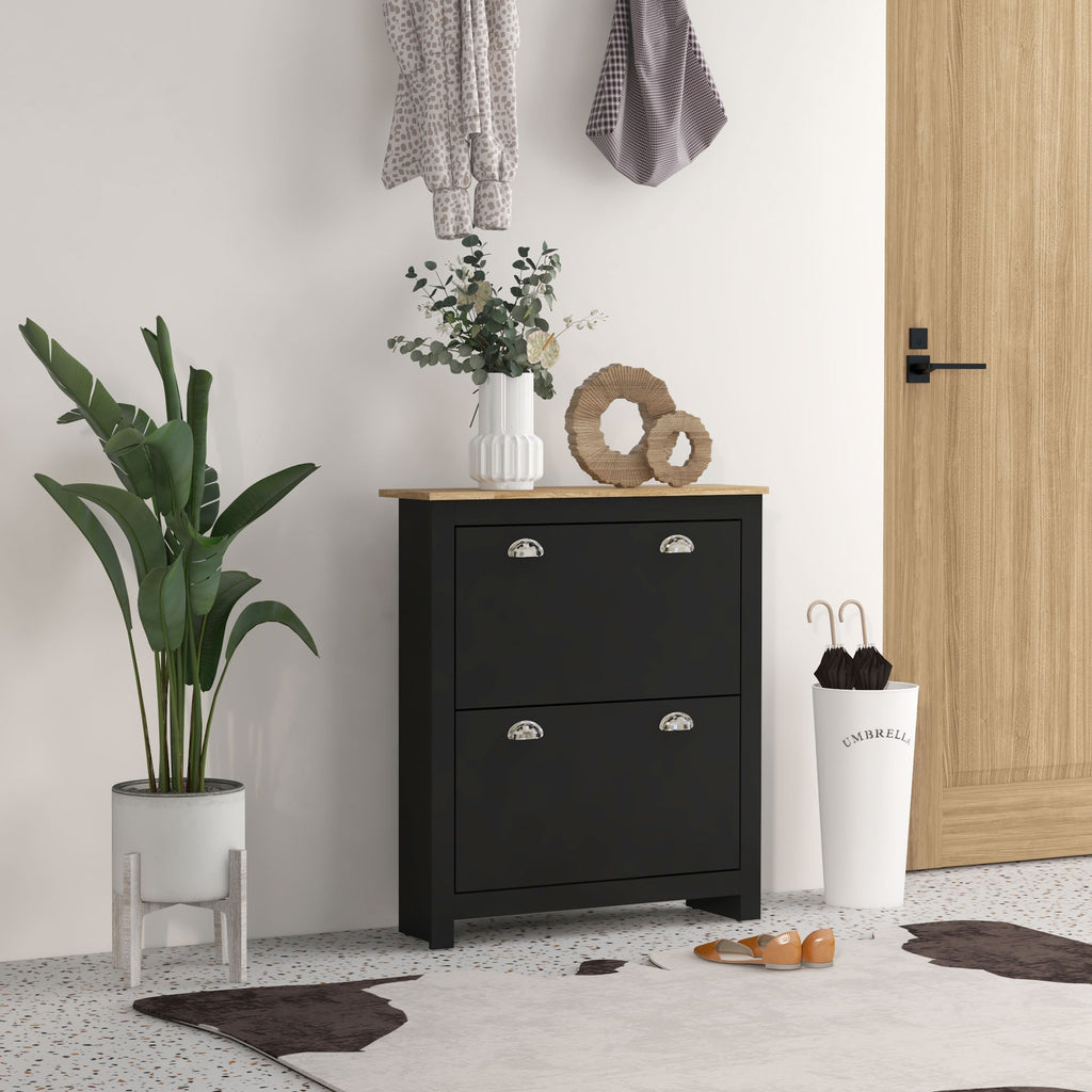 Armoire à chaussures 2 portes abattantes 2 compartiments poignées coquilles métal 79 x 23 x 90,5 cm noir chêne