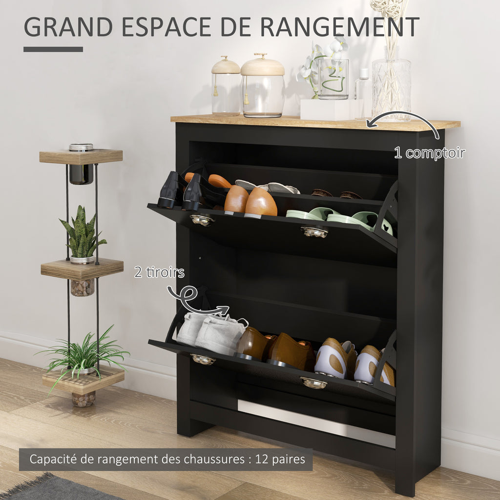 Armoire à chaussures 2 portes abattantes 2 compartiments poignées coquilles métal 79 x 23 x 90,5 cm noir chêne