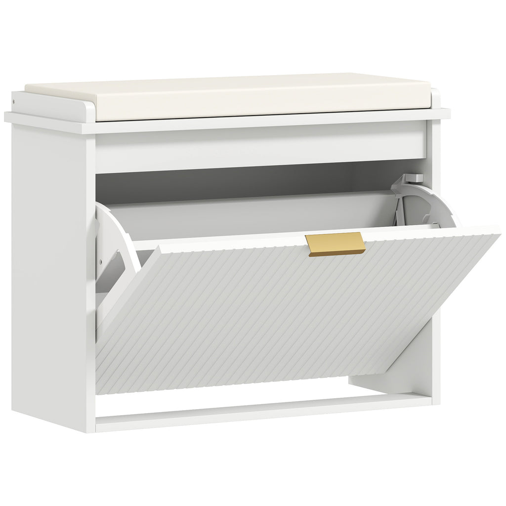 Banc à chaussures avec coussin d'assise rembourré et tiroir rabattable pour couloir, chambre, 62 x 26 x 47,5 cm, blanc
