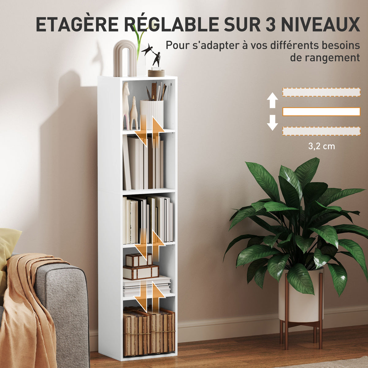 Bibliothèque étagère de rangement 5 niveaux avec étagères réglables pour salon, chambre, bureau, 30x24x133,5cm, blanc