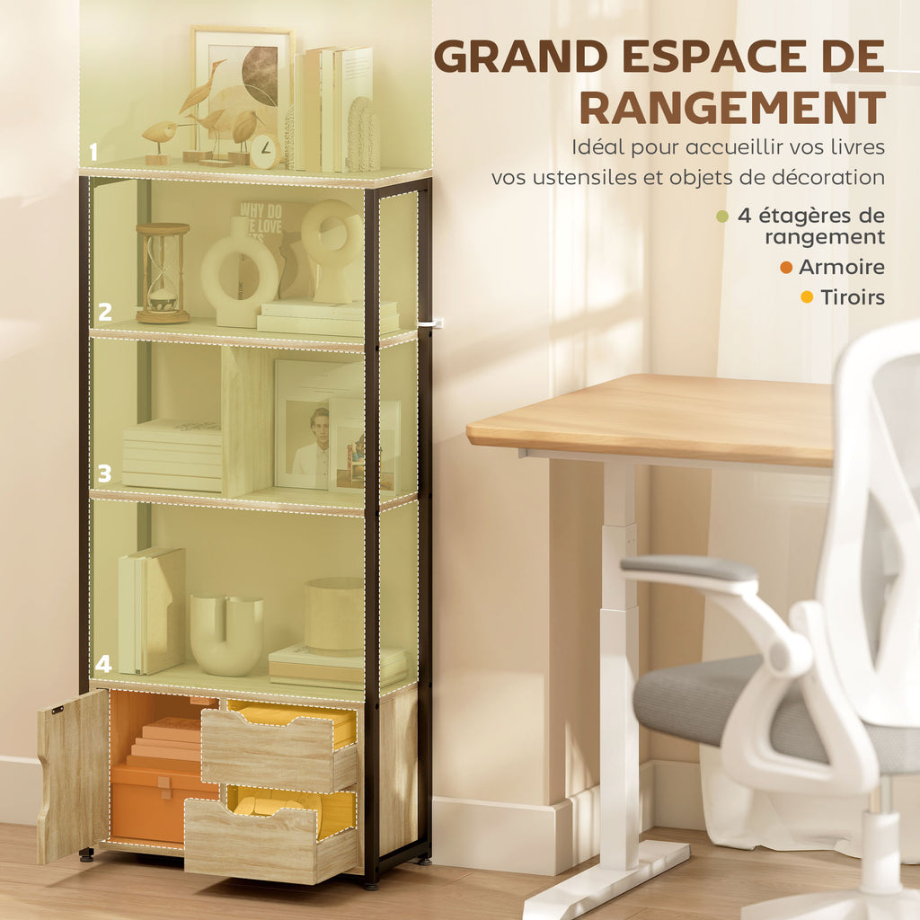 Bibliothèque style industriel 3 étagères placard porte 2 tiroirs 58 x 24 x 122 cm effet bois naturel acier noir